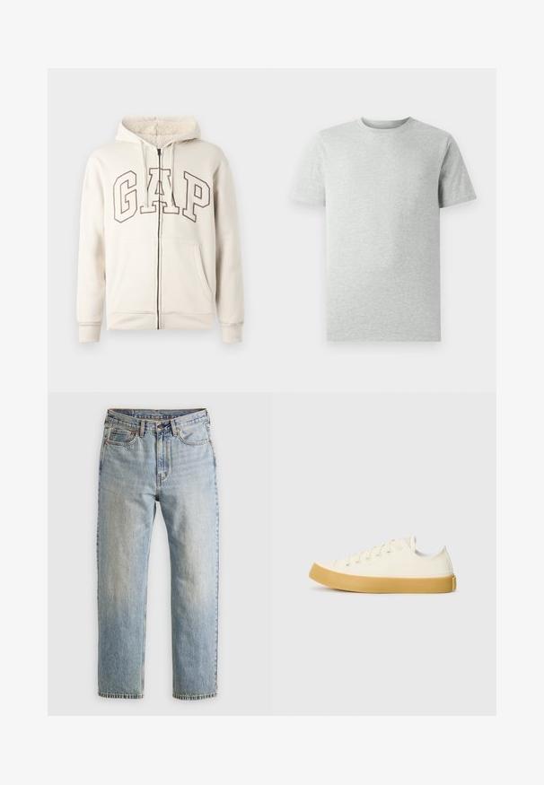 Beige rits hoodie met fleece-gevoerde capuchon, trekkoorden, voorzakken en grote omtrek van "GAP" letters op de borst.; Effen lichtgrijze T-shirt met korte mouwen en ronde hals, weergegeven op een witte achtergrond, frontaanzicht zonder zichtbare logo's of ontwerpen.; Lichtblauwe denim jeans met hoge taille, frontknop, rits en vijfzakkenontwerp, plat gelegd op een neutrale achtergrond.; Canvas sneakers in off-white met een ronde neus, voorzien van beige rubberen zolen en vijf oogjes voor veters, met een gestructureerde afwerking op de bovenkant.