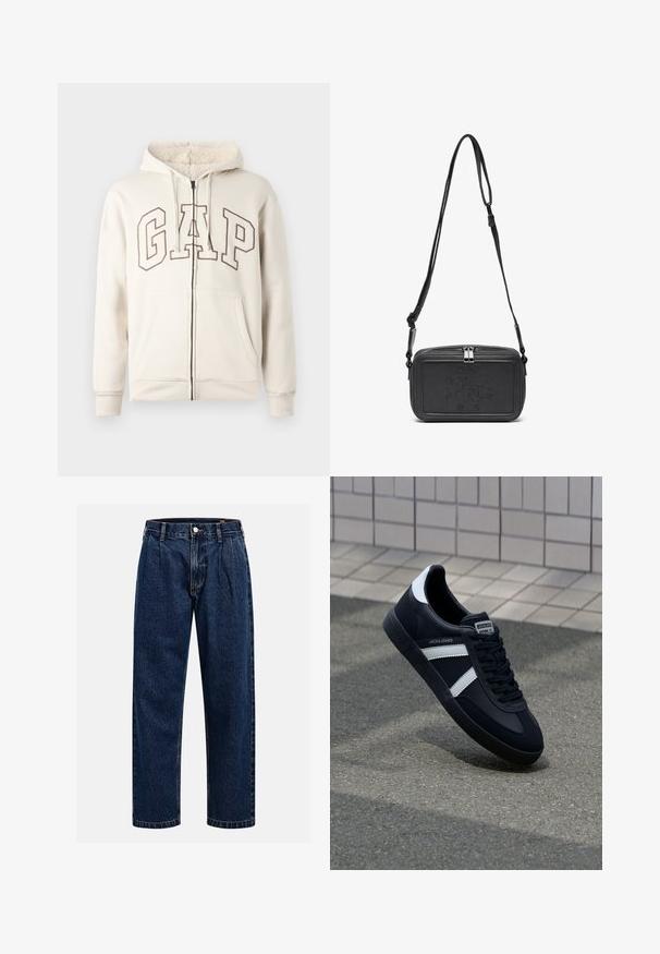 Kreminė užtrauktuku užsegama dėvimoji striukė su vilna išklota gaubtu, su raišteliais, priekinėmis kišenėmis ir didelėmis užrašytomis "GAP" raidėmis ant krūtinės.; Tamsiai mėlynos džinsinės kelnės su tiesiu sijonu. Savybė - matoma siūlė, mygtuko uždarymas ir priekinei daliai raukiniai, suteikiantys papildomą detales.; Juodas odinis sportinis batelis su baltais dryžiais, tekstūruota gumine padais ir raišteliais priekyje. Yra prekės ženklą žymintis etiketė ant liežuvio.; Juodas odinis per petį nešiojamas krepšys su užtrauktuku, iškilniu logotipu priekyje ir reguliuojama dirželiu. Lygus paviršius, stačiakampio formos.