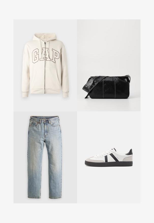 Kreminė užtrauktuku užsegama dėvimoji striukė su vilna išklota gaubtu, su raišteliais, priekinėmis kišenėmis ir didelėmis užrašytomis "GAP" raidėmis ant krūtinės.; Šviesiai mėlynos džinsinės kelnės su aukštu liemeniu, priekyje mygtukas, užtrauktukas ir penkių kišenių dizainas, išklotos ant neutralios fono.; Balti sportbačiai su juodais ir pilkais akcentais, pasižymintys tekstūruotu pilku pirštų dangteliu, juoda gumine padais ir plokščiomis baltomis raišteliais. Švarus dizainas, minimalistinis stilius.; Juodas odinis pečių krepšys su užtrauktuku, turintis tekstūruotą paviršių, baltą siuvinėjimą ir dirželį su sidabinėmis metalinėmis detalėmis.