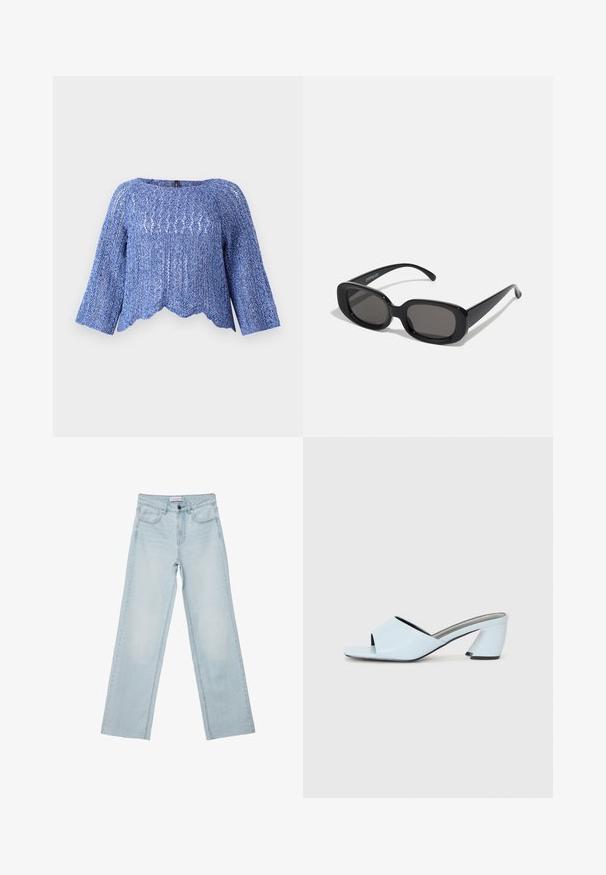 Blå stickad topp med lös passform, rund halsringning, långa ärmar, vågig nederkant och ett strukturerat mönster. Lätt och andningsbart material.; Ljust blå vida jeans i denim. Har fem fickor, knappgylf och blekta detaljer. Klassisk rak passform med en lös passform.; Ljusblå öppna klackskor med geometrisk design, med ett brett rem över foten och en kraftig, vinkelrät klack.; Svarta rektangulära solglasögon med mörka linser. Tjock plastbåge, slät yta och rundade kanter. Stilsäkra skalmar sträcker sig utåt.; Vit läderhandväska med en strukturerad design, som har ett ovanförhandtag och en guldfärgad lås. Slät textur och minimalistiska detaljer.