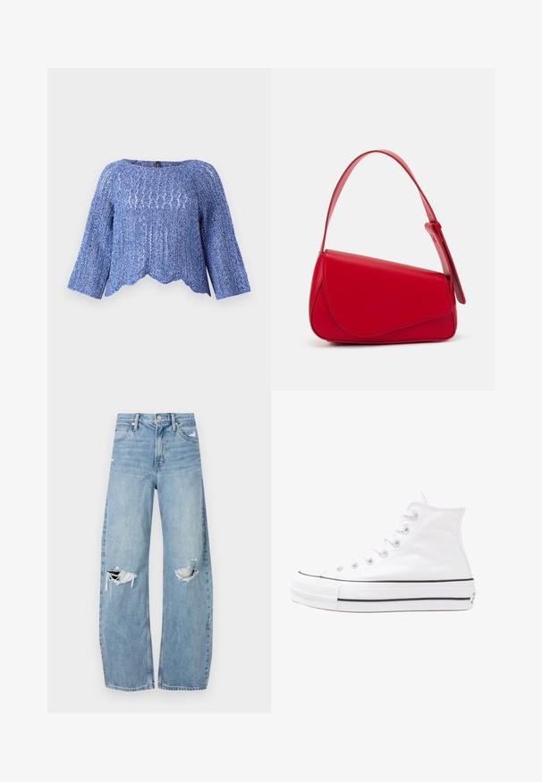 Blaues gestricktes Oberteil mit lockerer Passform, rundem Ausschnitt, langen Ärmeln, gewelltem Saum und strukturiertem Muster. Leichtes und atmungsaktives Material.; Helles, hochtailliertes Jeans aus Denim. Hat weit geschnittene Beine, zwei aufgerissene Kniebereiche und klassischen Fünf-Taschen-Stil.; Weiße hochwertige Leinensneaker mit schwarzer Gummisohle, vorderem Gummizehenschutz und sechs Ösen für Schnürsenkel, die ein sauberes, minimalistisches Design aufweisen.; Rote Lederhandtasche mit einem kantigen, geometrischen Design. Verfügt über einen verstellbaren Schulterriemen und einen Klappenverschluss mit genähten Details.