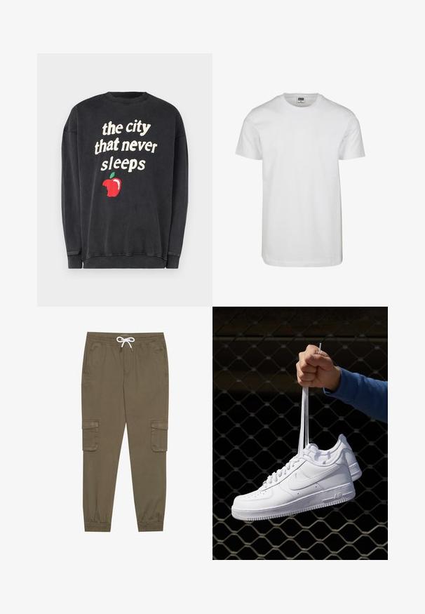 Černá mikina se bílým nápisem "město, které nikdy nespí" a grafikou červeného jablka s ukousnutým kouskem.; Bílý bavlněný tričko s kulatým výstřihem, krátkými rukávy a volným střihem. Štítek uvádí "URBAN CLASSICS." Hladký povrch, žádné vzory ani detaily.; Khaki cargo kalhoty s elastickým pasem a tkaničkou, s bočními kapsami a manžetami na kotnících. Vyrobeno z texturovaného, lehkého materiálu.; Bílé kožené tenisky s perforacemi, kulatou špičkou, plochou podrážkou a silnými tkaničkami, které mají viditelné logo swoosh a nápis "AIR" na patě.