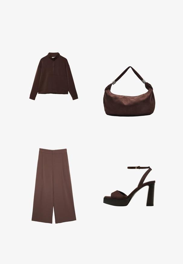 Brauner Pullover-Sweatshirt mit hohem Kragen, halbem Reißverschluss vorne, weiten Ärmeln und cropped Saum. Hergestellt aus weichem Stoff mit glatter Textur.; Braune Weite-Leg-Hosen mit einer glatten Textur, hoher Taille und Vorderfalten. Der Stoff ist leicht und fällt locker.; Braune Wildleder-Pumps mit offenem Zeh, verstellbarem Knöchelriemen und gestreiftem Plateausohlen.; Braune Wildleder-Schultertasche mit Reißverschluss, ausgestattet mit einem gedrehten Tragriemen, der mit Metallakzenten verziert ist, für ein sicheres Tragen.