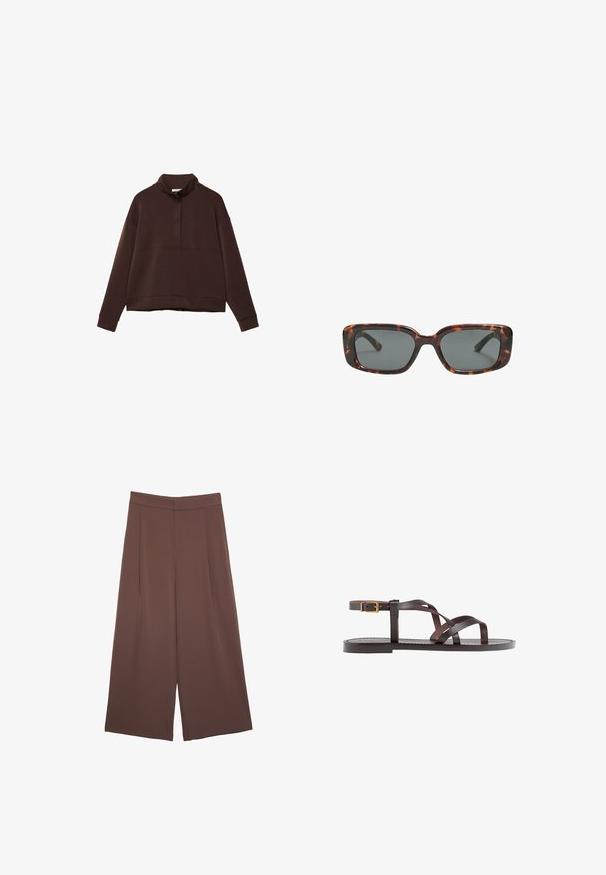 Brauner Pullover-Sweatshirt mit hohem Kragen, halbem Reißverschluss vorne, weiten Ärmeln und cropped Saum. Hergestellt aus weichem Stoff mit glatter Textur.; Braune Weite-Leg-Hosen mit einer glatten Textur, hoher Taille und Vorderfalten. Der Stoff ist leicht und fällt locker.; Braune Leder-Sandale mit überkreuzten Riemen, einem Knöchelriemen mit Schnalle und einer flachen Sohle mit minimalen Nähdetails.; Sonnenbrille im Schildpatt-Design mit rechteckigen Gläsern, dicken Rahmen und dunkelgetönten Gläsern. Glatte Textur und minimalistisches Design.
