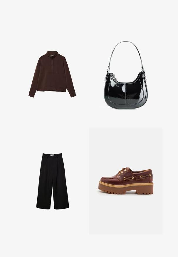 Bruine pullover sweatshirt met een hoge kraag, halfrits voorzijde, brede mouwen en een cropped zoom. Gemaakt van zachte stof met een gladde textuur.; Zwarte wijde broek met een hoge taille, geplooide voorkant en knoopsluiting. Gemaakt van gladde stof met een scherp gesneden ontwerp.; Bruine leren botenschoenen met een stevige bruine rubberen zool, gouden ogen en contraststiksels. Heeft een logo aan de zijkant.; Zwarte gepatineerde leren handtas met een gebogen ontwerp, ritssluiting en een enkele schouderriem met zilverkleurige hardware en stikselaccenten.