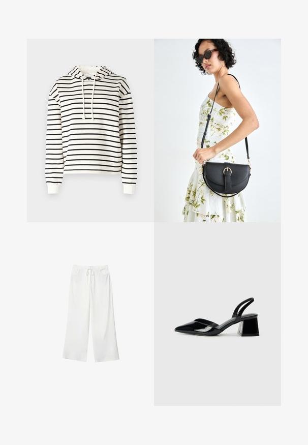 Prúhovaná mikina v krémovej a čiernej farbe. Vyrobená z mäkkej tkaniny, obsahuje kapucňu na šnúrku, dlhé rukávy a má voľný strih.; Biele široké nohavice vyrobené z mäkkej látky, s pásekom na sťahovanie a dvoma prednými vreckami. Hladká textúra a bez viditeľných vzorov.; Čierne lakované kožené sandálové podpätky s špicatou špičkou a geometrickým blokovým podpätkom. Disponujú elegantným, minimalistickým dizajnom a hladkým povrchom.; Čierna kožená kabelka s zaobleným tvarom, odnímateľným popruhom a zlatými doplnkami. Kabelka má klopu s detailom s prackou.