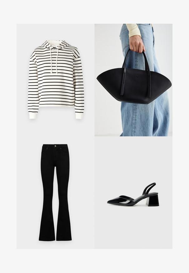 Csíkos kapucnis pulóver krém és fekete színben. Puha anyagból készült, húzózsinórral ellátott kapucnival, hosszú ujjakkal és laza fazonnal.; Fekete, magas derekú farmernadrág gomb- és cipzárzárral, elülső zsebekkel és harangszárral, laposan egy fehér háttérre terítve.; Fekete lakk bőr szandálkés magas sarkú cipő, hegyes orral és geometrikus tömbsarkakkal. Karcsú, minimalista dizájn és sima textúra jellemzi.; Fekete bőr kézitáska egyedi legyezőformával, lapos füllel. A felülete kőriszerű textúrájú és minimalista dizájnnal rendelkezik.