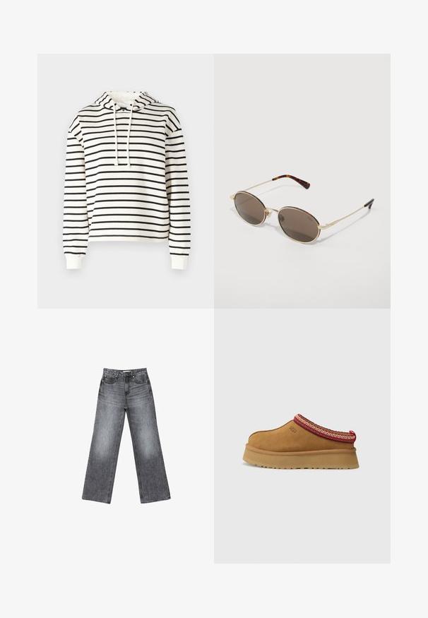 Prúhovaná mikina v krémovej a čiernej farbe. Vyrobená z mäkkej tkaniny, obsahuje kapucňu na šnúrku, dlhé rukávy a má voľný strih.; Široké tmavosivé džínsy s vyblednutým povrchom, s piatimi vreckami, zapínaním na gombík a jemným prešívaním pozdĺž švov.; Hnedá semišová obuv na slip-on s červeným a krémovým vzorovaným lemovaním, textúrovanou podrážkou a logom UGG na boku. Obsahuje mierne zvýšenú platformu.; Slnečné okuliare s oválnymi hnedými sklami, zlatým kovovým rámom a viacfarebnými kvetinovými akcentmi na obočí a ramenách, s pestrofarebným koncom.