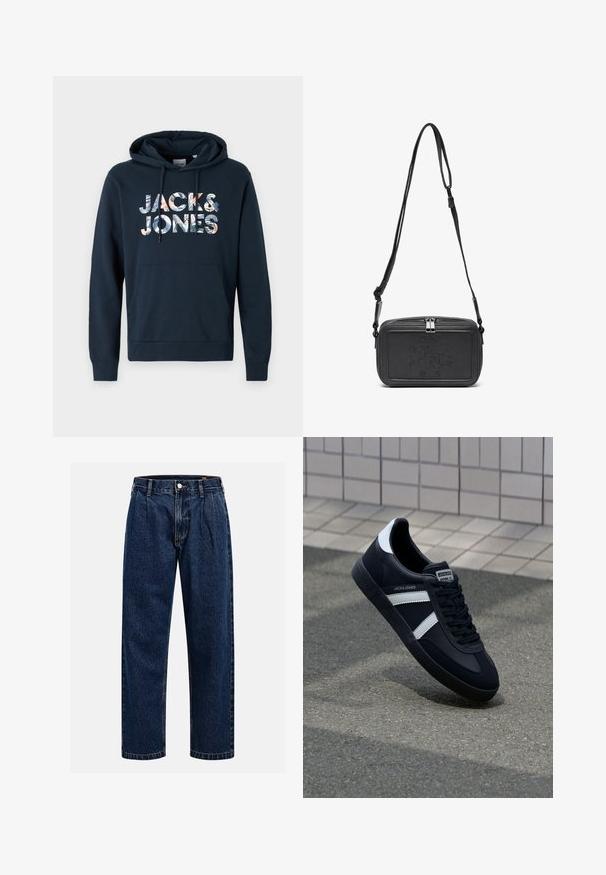 Námornícky modrá mikina s klokaním vreckom, kapucňou na šnúrku a grafickým potlačou "JACK & JONES" s kvetinovými vzormi v rôznych farbách.; Tmavo modré džínsy s rovnými nohavicami. Obsahujú viditeľné švy, zapínanie na gombík a predné skladanie pre zvýraznenie detailov.; Čierne kožené tenisky s bielymi pruhmi, textúrovanou gumovou podrážkou a šnurovaním vpredu. Obsahujú označenie značky na jazyku.; Čierna kožená crossbody taška so zipsom, s embosovaným logom na prednej strane a nastaviteľným popruhom. Hladká textura a obdlžníkový tvar.