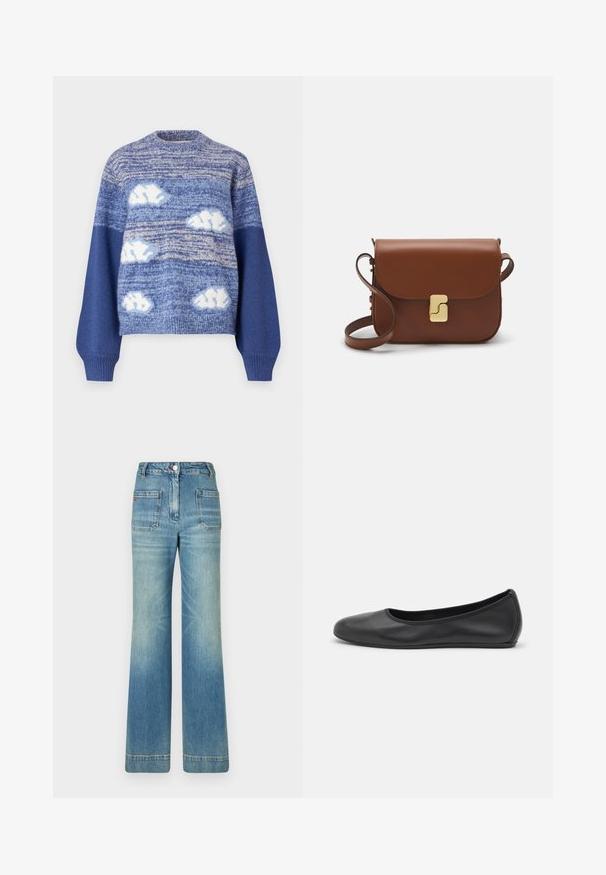 Blauer Strickpullover mit strukturiertem Muster, das weiße Wolkenformen und ein verlaufsreiches Design zeigt; gerippte Bündchen und runder Halsausschnitt.; Weißes kurzärmliges T-Shirt aus geripptem Stoff. Runder Halsausschnitt, normale Passform und dezente Nähte. Keine Muster oder Grafiken.; Helle blaue, ausgestellt geschnittene Jeans aus Denim mit fünf Taschen, Gürtelschlaufen, Knopfverschluss und einer leicht verblassten Textur, die ein rotes Logodetail auf der Rückseite aufweist.; Schwarze Leder-Ballettschuhe mit abgerundeter Spitze, glatter Textur, minimalen Nähdetails und einem flexiblen Sohlen-Design.; Braune Ledertasche mit Klappenverschluss, Beschlägen in Goldfarbe, einem Schultergurt und einer glatten Oberfläche. Kompakte rechteckige Form.
