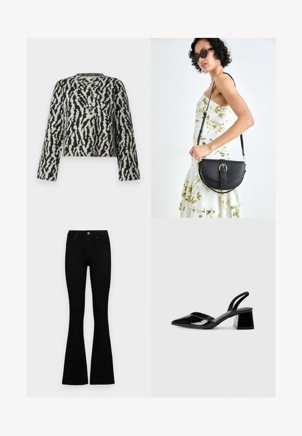 Strikkegenser med et grønt og kremfarget abstrakt mønster, rund halslinning og lange ermer. Myk tekstur med et forkortet design.; Sorte høytlivsjeans med knapp og glidelås, frontlommer og utsvingte bein liggende flatt på en hvit bakgrunn.; Svarte patentlær slingback hæler med spiss tå og geometrisk blokk hæl. Har et stilrent, minimalistisk design og jevn tekstur.; Svart lærveske med en buet form, avtagbar stropp og gullbeslag. Vesken har et klaff med spenne-detall.