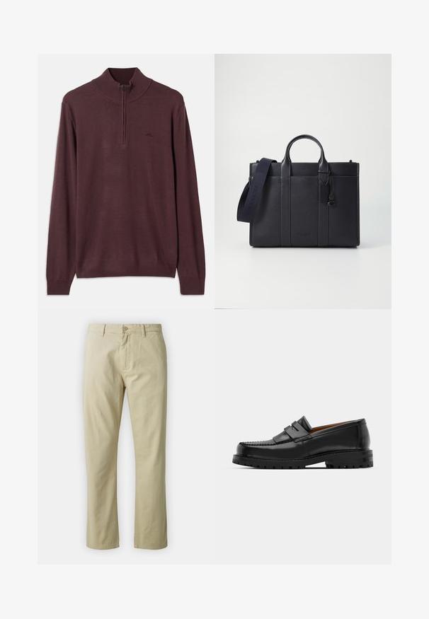 Duguljati smeđi pleteni pulover s polu-zip ovratnikom i rebrastim manžetama i rubom, prikazan na bijeloj pozadini.; Bež pamučne hlače s ravnim nogavicama, prednjim zatvaranjem na dugme i petljama za remen. Glatka tekstura, bez vidljivih uzoraka ili naglaska.; Crne kožne mokasine imaju podignutu šav, dvije dekorativne trake na gornjem dijelu i debeli teksturirani đon za bolji grip.; Tamno plavi kožni aktovka s dvije gornje ručke i odvojivim remenom. Ima teksturiranu površinu, vertikalno šivenje i detalj s logotipom.