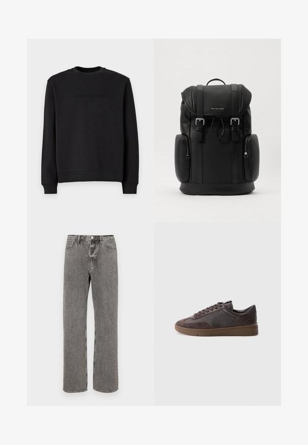 Must tume musta pehmest kangast, ümar kaelus, pikad varrukad ja rinnal tõstetud "MICHAEL KORS" logo.; Hallhalli teksased, millel on sirge lõikega jalg, viie tasku disain ja nööbiga sulgemine vöökoht. Kerge pleekinud tekstuur üle kogu.; Pruunist nahast tossud, millel on sametist aksessuaare, struktuursed pinnad, ümmargune varvas ja lame pruun kummist tald. Kuus silmust ja paelte sulgemine.; Mustast nahkakotist, millel on tekstureeritud pind, klappkujulise sulgemise mehhanism, metallist riistvara, külgmised tõmblukuga taskud ja brändi logo esiküljel.