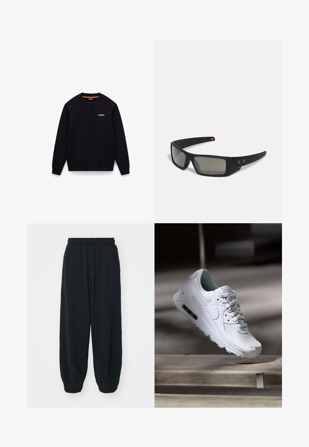 Musta collegepaita, jossa pyöreä pääntie, pitkät hihat ja resorit hihansuissa. Sisäkaulus on oranssi ja rinnassa pieni logo.; Mustat, elastisella vyötäröllä varustetut collegehousut, joissa on löysä istuvuus, cuffattu lahje, sileä pinta ja ilman näkyviä kuvioita tai varusteita.; Valkoiset Nike Air Max 90 -lenkkarit, joissa on verkko- ja nahkapinta, rei'itetty kärki ja näkyvä ilmayksikkö kantapäässä.; Mustat aurinkolasit matta-pinnalla, suorakulmaiset linssit, hieman kaarevat tempaukset, hienovarainen logo-yksityiskohta ja savunväriset linssit.