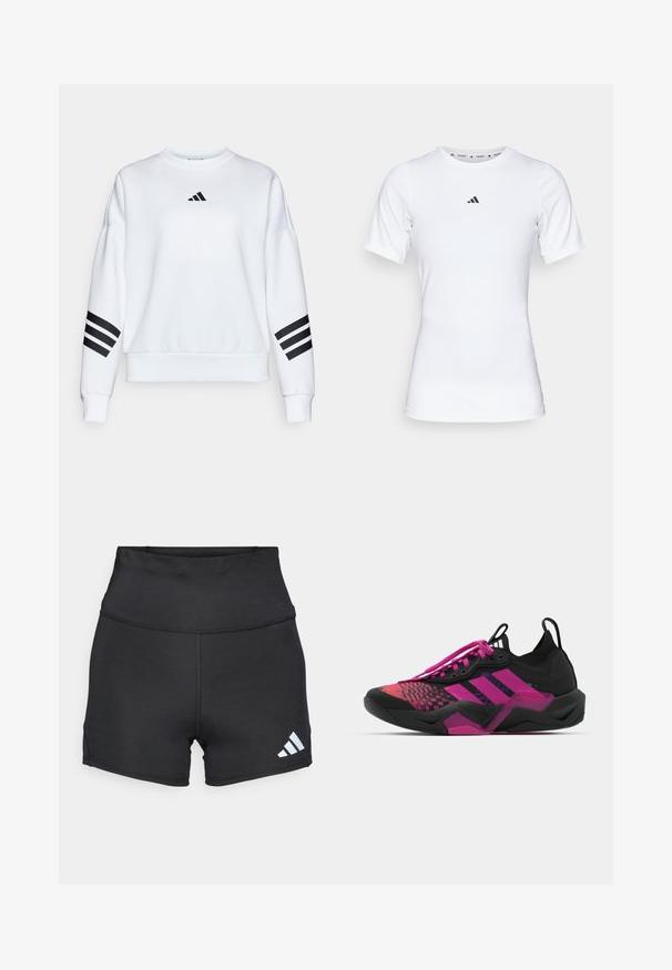 Hvit hettegenser laget av mykt stoff har rund hals, drop shoulder-design, svart Adidas-logo på brystet, og svarte striper på ermene.; Hvit idrettsskjorte med korte ermer, laget av glatt, elastisk stoff. Har en liten svart Adidas-logo på brystet.; adidas Performance Tights - black; Svart og rosa treningssko med teksturert overdel, mønstrede detaljer, fremtredende snøringer og en klumpete såle med rosa detaljer.