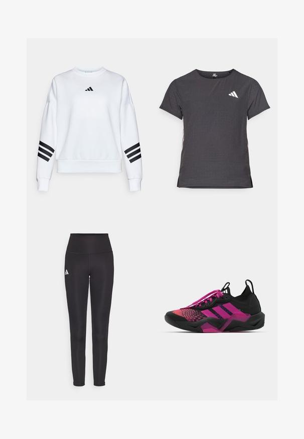 White sweatshirt made of soft fabric features a round neckline, drop shoulder design, black Adidas logo on the chest, and black striped accents on sleeves.; Short-sleeve athletic t-shirt, dark gray with perforated texture. Features a white logo and contrasting side stripes. Rounded neckline.; Black high-waisted leggings made of stretchy fabric. Features a white logo on the left side and sleek, seamless design. Smooth texture.; Black and pink athletic shoe with a textured upper, patterned design, prominent laces, and a chunky sole featuring pink accents.