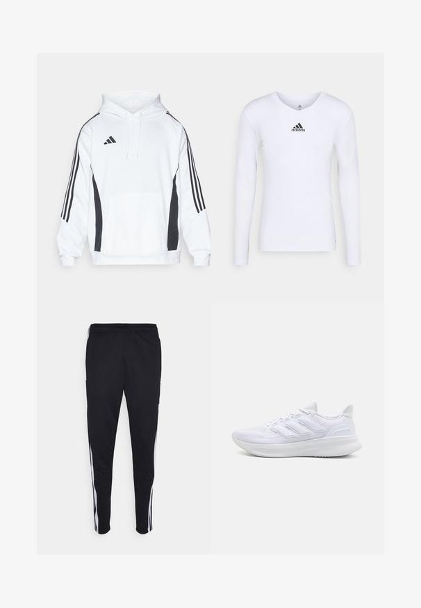 Sudadera blanca con paneles laterales negros, bolsillo frontal y capucha ajustable con cordones. Presenta tres franjas negras a lo largo de cada manga.; Camiseta deportiva de manga larga blanca, fabricada con material suave, que presenta un logo negro de Adidas en el pecho; diseño de cuello en V y forma ajustada.; Pantalones deportivos negros con un ajuste relajado, que cuentan con franjas laterales blancas, una cintura con cordón y dos bolsillos laterales. Hechos de tela suave.; Zapatillas deportivas blancas con una parte superior de malla texturizada, suela acolchada y soporte, y un diseño de tres rayas en el lateral.