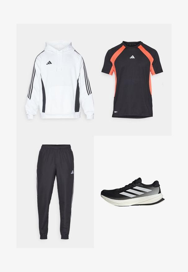 Bijela dukserica s crnim bočnim panelima, prednjim džepom i prilagodljivom kapuljačom s šnuranjem. Sadrži tri crne pruge duž svake rukave.; Crna atletska majica s kratkim rukavima, narančastim bočnim panelima i bijelim Adidas logom sprijeda. Glatka tkanina, dizajn s okruglim izrezom.; Crne sportske hlače s elastičnom gumicom u struku, s bijelim prugama uz bokove i malim logotipom na kuku. Glatka tekstura.; Crna atletska cipela s mrežastim dizajnom, koja ima bijele pruge, zaobljeni vrh i teksturiranu potplate za prianjanje i potporu.