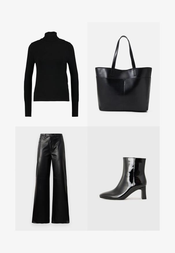 Schwarzes langärmliges Rollkragenoberteil aus leichtem, geripptem Strickstoff; hat eine taillierte Form und einen hohen Kragen, ohne zusätzliche Verzierungen.; Schwarze leichte, weit geschnittene, hochtaillierte Kunstlederhose mit vorderem Knopf, Reißverschluss, Gürtelschlaufen und Seitentaschen auf weißem Hintergrund.; Schwarzer Lackleder-Stiefelette mit spitzer Zehe und einem mittelhohen Blockabsatz. Glatte Textur und minimalistisches Design.; Schwarze Leder-Shopper-Tasche mit zwei langen Griffen, einer glatten Textur und einer strukturierten Form. Verfügt über eine Vordertasche für zusätzlichen Stauraum.