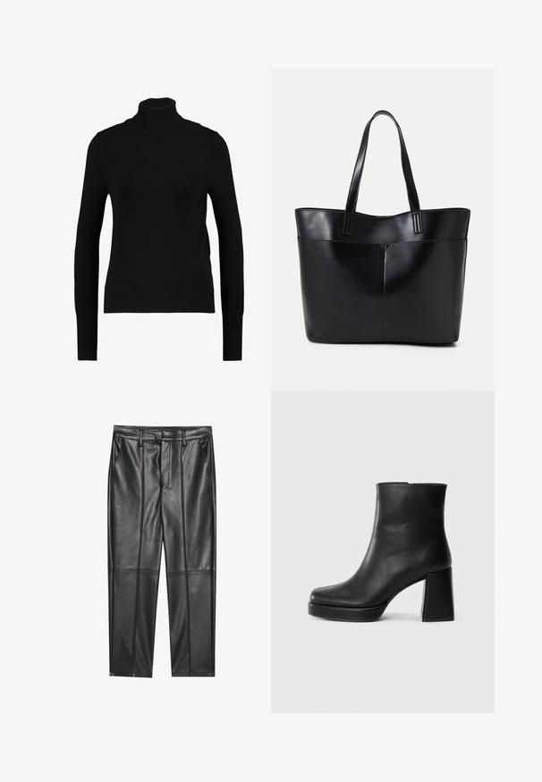 Black long-sleeve turtleneck made of lightweight, ribbed knit fabric; features a fitted shape and a high collar, with no additional embellishments.; Black leather trousers with a smooth texture, featuring a straight fit, two front pockets, and visible seam detailing.; Black leather ankle boot with a block heel and platform sole, viewed from the side on a plain white background.; Black leather tote bag with two long handles, a smooth texture, and a structured shape. Features a front pocket for additional storage.