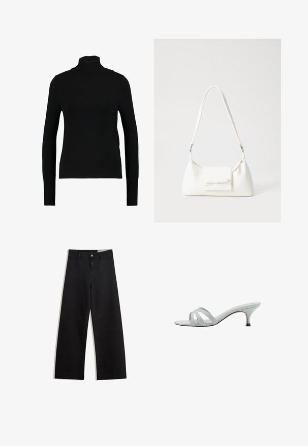 Pullover negru cu mânecă lungă și guler înalt, realizat dintr-un material tricotat subțire și cu textură în fagure; are o formă ajustată și nu prezintă elemente decorative suplimentare.; Pantaloni din denim negri cu picioare largi, cu talie înaltă, având buzunare frontale și posterioare, cusături dublate și închidere cu nasture. Textură netedă.; Sandale cu toc gri deschis, cu trei curele încrucișate, un profil subțire și un toc îngust. Textură netedă cu un finisaj ușor lucios.; Geantă sintetică albă, cu formă triangulară, capac frontal plat și detaliu cu fundă, curea ajustabilă, textură netedă și design minimalist.