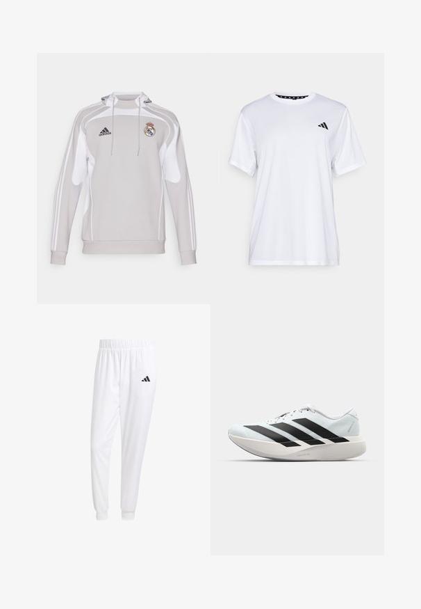 Hallide hall sweatshirt, mille valgete detailidega, mis esitleb Adidas logo ja Real Madriidi embleem. Valmistatud siledast, venivast kangast pikkade varrukatega.; Valge sportlik T-särk lühikeste varrukatega, valmistatud niiskust eemaldavast kangast. Ees on must logo vasakul rinnal ja soe mustriline kaelaosa.; Valged sportpüksid, mis on valmistatud siledast kangast, omavad elastset vöökohta ja kitsaid mansette, tagakoti peal on must logo.; Kerged jooksujalatsid helesinises värvuses mustade triipudega. Omavad siledat pealispinda, ümarat varvase osa ja paksu valget vahemõõtu, millel on silt "LIGHTSTRIKE PRO".