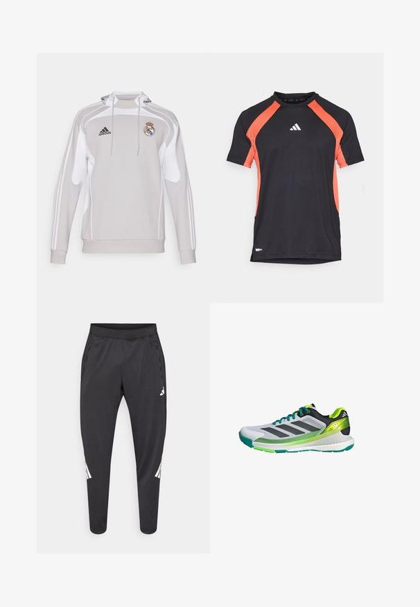 Szara hoodie z kapturem, z białymi akcentami, z logo Adidas i herbem Real Madryt. Wykonana z gładkiego, elastycznego materiału z długimi rękawami.; Czarna sportowa koszulka z krótkim rękawem, pomarańczowe panele boczne i białe logo Adidas na przodzie. Gładka tkanina, fason z okrągłym dekoltem.; Czarne spodnie sportowe o zwężanych nogawkach, z elastycznym pasem, bocznymi kieszeniami oraz białym logo i paskami. Wykonane z gładkiego, lekkiego materiału.; Szare i czarne buty sportowe z zielonymi akcentami i siateczkową cholewką. Posiadają trzy czarne paski oraz teksturowaną podeszwę zapewniającą przyczepność.