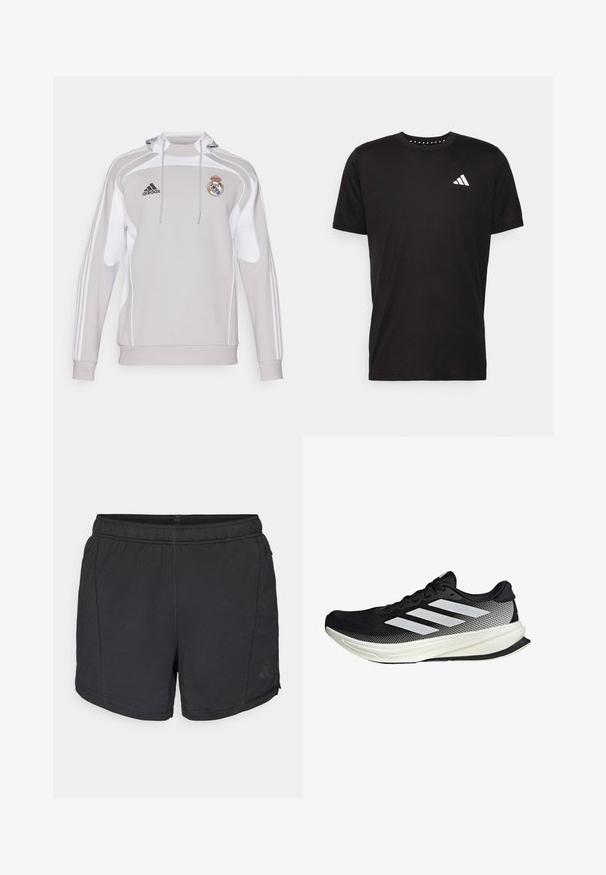 Šedá mikina s kapucí a bílými akcenty, obohacená o logo Adidas a erb Real Madrid. Vyrobena z hladké, elastické látky s dlouhými rukávy.; Černé bavlněné tričko s krátkým rukávem, kulatým výstřihem a bílým logem na levé hrudi. Hladká textura a jednoduchý design.; Černé sportovní šortky s elastickým pasem a decentním logem Adidas na levé noze, umístěné na čistém bílém pozadí.; Černá sportovní boty s síťovaným designem, s bílými pruhy, zaoblenou špičkou a texturovanou podrážkou pro lepší přilnavost a oporu.