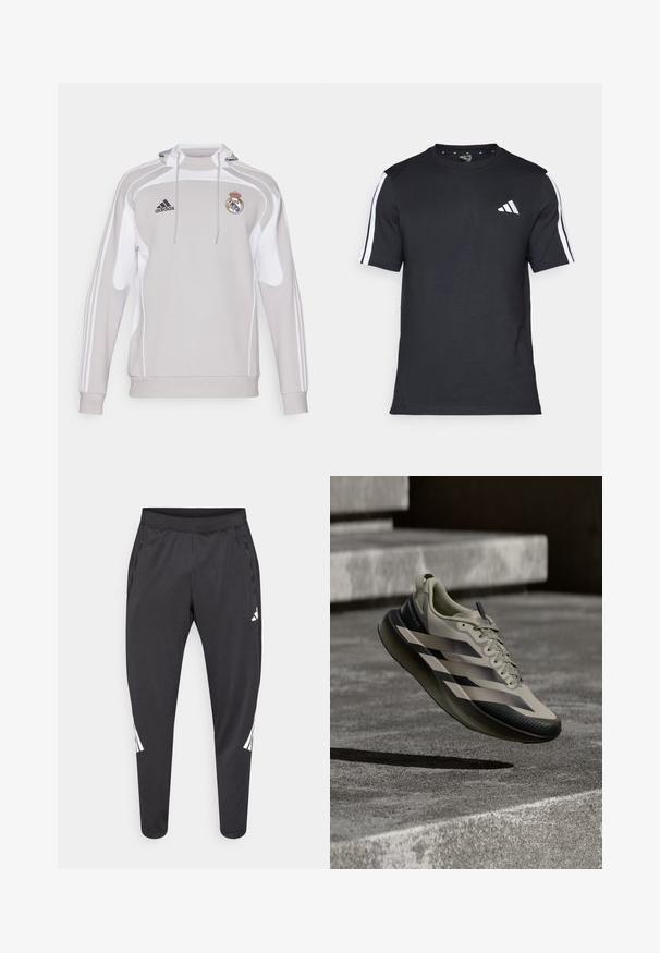 Sweatshirt cinza com capuz e detalhes brancos, apresentando o logótipo da Adidas e o emblema do Real Madrid. Feito de um tecido liso e elástico com mangas longas.; T-shirt preto feito de algodão, com mangas curtas, apresentando riscas brancas nos ombros e um logótipo branco no lado esquerdo do peito.; Calças atléticas pretas com pernas afiladas, cintura elástica, bolsos laterais e detalhes em logo e riscas brancas. Confeccionadas em material liso e leve.; Ténis desportivo leve em bege com detalhes a preto, apresenta um design elegante, sola texturizada e atacadores para um ajuste seguro.