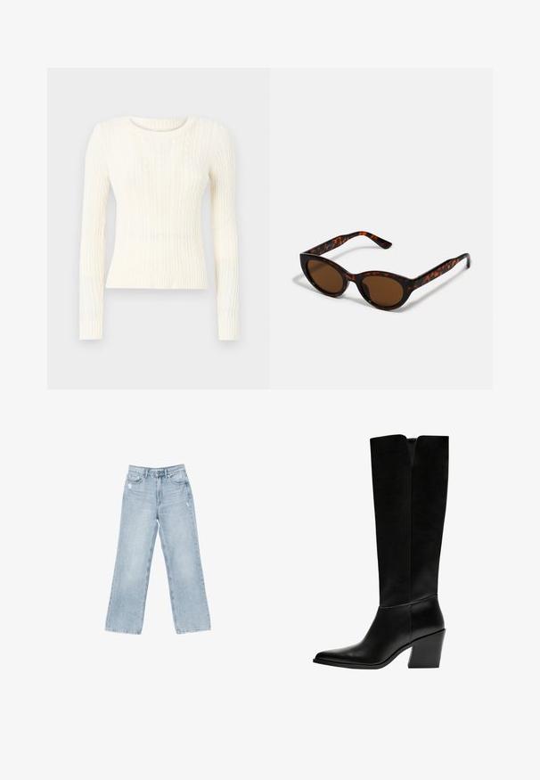Krem svilen pulover s kabelskim pletenjem in dolgimi rokavi, okroglo ovratnikom in rebrastim robom. Tekstura tkanine vsebuje dvignjene vzorce po celi površini.; Svjetloplave traperice širokog kroja, sa istrošenim detaljima, pet džepova, i zatvaranjem na patentni zatvarač.; Črne gležnjarje do kolen iz gladkega usnja, z ostrim nosom, blokinim peto in V-oblikovanim izrezom na vrhu.; Rjave mačkaste sončne očala s vintage mačjo obliko in rjavimi lečami. Imajo ukrivljene ročke z rdečimi detajli.