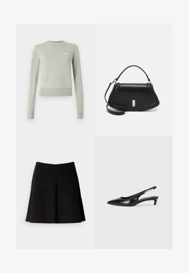 Pull en tricot vert clair avec manches longues, col rond et finitions côtelées aux poignets et à l'ourlet. Présente un logo brodé blanc sur la poitrine.; Jupe noire évasée en tissu doux, avec une taille ajustée et des coutures décoratives. Texture lisse avec un design simple et classique.; Talons hauts en cuir noir avec un bout pointu, dotés d'un talon fin et d'un accent en ton or sur la lanière réglable. Texture lisse.; Sac à main en cuir noir avec un design structuré, featuring une forme cropped, une poignée supérieure et des accents en matériel doré. Bandoulière réglable incluse.
