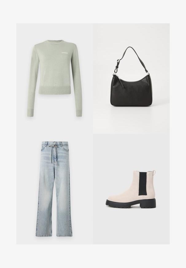 Gaiši zaļš adīts džemperis ar garām piedurknēm, apaļu kakla izgriezumu un ribotām piedurknēm un apakšmalu. Uz krūtīm ir balts izšūts logo.; Gaiši zili plats kāju džinsi, izgatavoti no denima, ar augstu jostasvietu, priekšējām kabatām un jostu ar auklu jostasvietā. Ar nodilušu tekstūru.; Bežs zamšs Čelsijas zābaks ar melnu elastīgu sānu paneli, masīvu melnu zoli unvilkšanas cilpu pie potītes.; Melnas ādas rokassomu ar izliekta formu, vienu siksnu, ar rāvējslēdzēju aizdari un diskrētu zīmolu uz priekšpuses. Gluda tekstūra, minimālisma dizains.