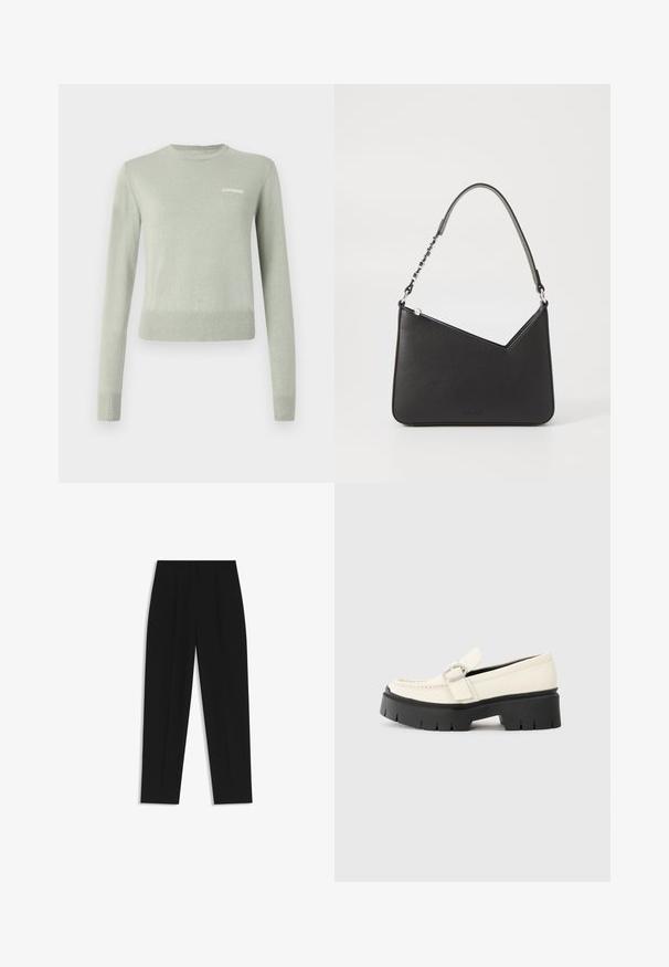 Maglione lavorato a maglia verde chiaro con maniche lunghe, scollatura rotonda e polsini e orlo a costine. Presenta un logo ricamato bianco sul petto.; Pantaloni neri a taglio dritto, con doppie pieghe, una texture liscia e un design classico in vita. Nessun hardware o dettaglio visibile.; Mocassino in pelle bianca con suola platform nera chunky, caratterizzato da una fibbia rettangolare argentata e dettagli di cucitura visibili sulla parte superiore.; Borsa a mano in pelle nera con forma triangolare, una tracolla sottile e accessori in argento. Presenta una chiusura con zip e un logo impresso sul davanti.