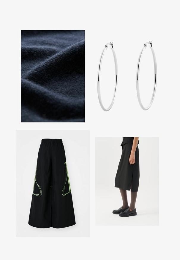 Mornarsko volneno blago z mehko, teksturirano površino, ki vsebuje nežne gube in rahlo sijaj, kar poudarja njegovo toplo in udobno naravo.; adidas Originals TEAMGEIST - Spodnji deli trenirk - black/signal green; Črna krila do kolen z bočnim razporkom, v kombinaciji s črnimi loaferji in prosojnimi rjavimi nogavicami, ki imajo gladko tkanino in preprost dizajn.; Srebrni obroči za ušesa z gladko, polirano površino in tanko, okroglo obliko. Oblikovanje vključuje varen zaponko.