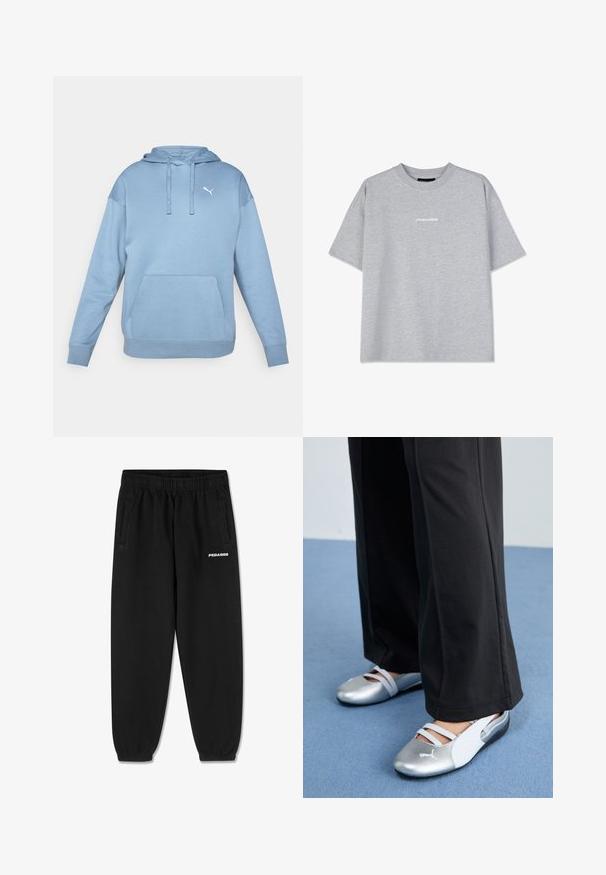 Světle modrá mikina z měkké tkaniny, s přední kapsou na klokany, s kapucí na šňůrku a malým bílým logem na hrudi.; Šedé bavlněné tričko s krátkým rukávem, vybavené kulatým výstřihem a malým bílým logem "PEGADOR" na přední straně. Hladká textura, volný střih.; Černé tepláky vyrobené z měkké tkaniny, s elastickým páskem na stažení, zúženými nohavicemi a bočními kapsami. Bílé logo „PEGADOR“ na přední straně.; Stříbrné a bílé ploché boty s křížovými pásky a texturovaným detailem, doplněné volnými černými kalhotami. Umístěno na modré podlaze.