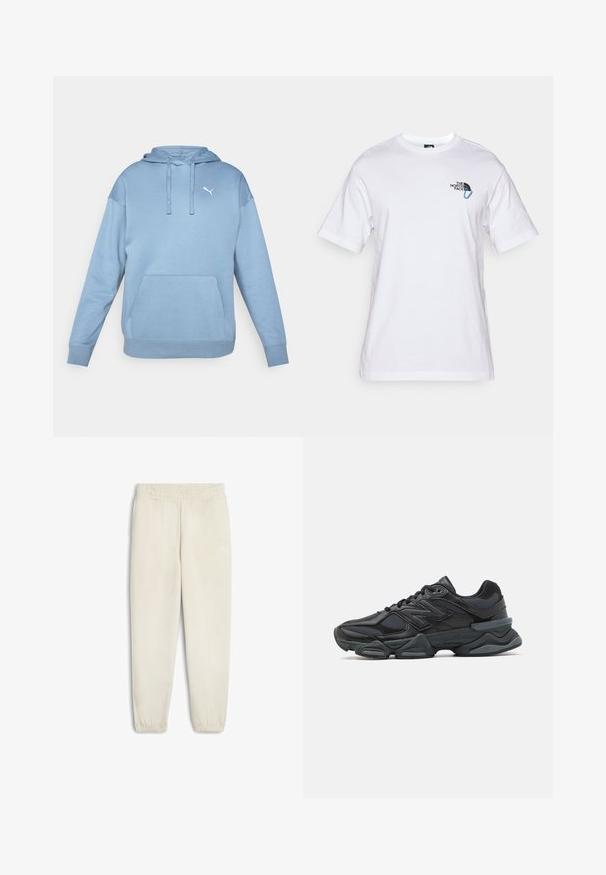 Svetlo modrá mikina s kapucňou z mäkkého materiálu, s prednou klokankovou kapsou, sťahovacou kapucňou a malým bielym logom na hrudi.; The North Face EXPLORE CARABINER RELAXED TEE UNISEX - Tričko s potlačou - white; Svetlo béžové tepláky vyrobené z mäkkej tkaniny, s elastickým pásom, manžetami na členkoch a malým bielym logom na boku.; Čierna bežecká obuv so zmesou sieťoviny a syntetických materiálov, robustnou podrážkou, zakriveným dizajnom a výrazným logom na boku.