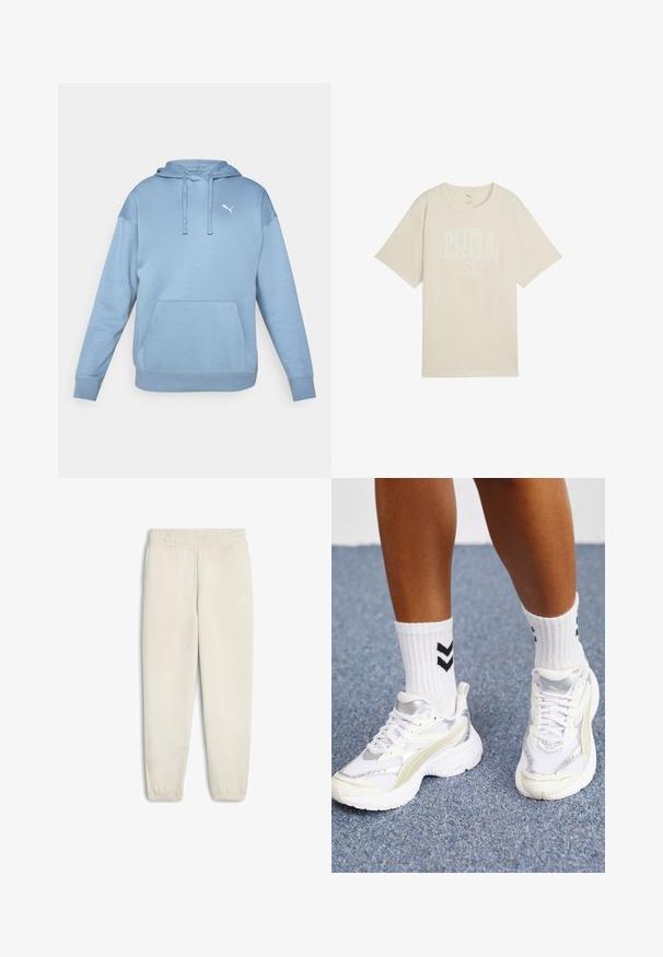 Sudadera azul claro hecha de tela suave, con un bolsillo tipo canguro en la parte delantera, capucha con cordón y pequeño logo blanco en el pecho.; Camiseta de algodón beige con un corte relajado, que presenta un diseño gráfico blanco que dice "club deportivo PUMA" y un pequeño logo arriba.; Pantalones de chándal beige claro hechos de un tejido suave, con una cintura elástica, puños en los tobillos y un pequeño logo blanco en el lado.; Zapatillas blancas con acentos plateados, fabricadas en material de malla, y un diseño voluminoso. Combinadas con calcetines blancos que presentan patrones de chevron en negro.