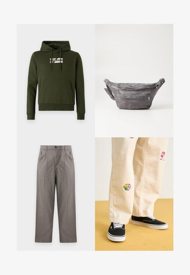 Olive spalvos džersis, pagamintas iš minkštos medžiagos, su priekinėmis kengūros kišenėmis, galuotais rankogaliais ir virvėmis, bei baltu logotipu ant krūtinės.; Pilkos hounds-tooth rašto kelnės su tiesio kirpimo dizainu, turinčios raukšlių, liemens su mygtuku uždarymo ir šonines kišenes.; Bežinės medvilninės kelnės su žaismingais siuvinėjimais, įskaitant rožinį personažą ir spalvotą bloką, derinamos su juodais bateliais su raišteliais.; Pilkas suedes fanny pack'as apvalios formos, su dviem užtraukiamais skyreliais ir reguliuojama diržele. Yra metaliniai aksesuarai.