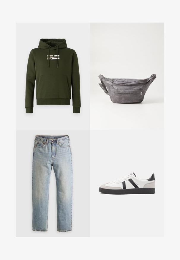 Olíva zöld kapucnis pulóver, puha anyagból készült, elülső kenguruzsebbe, bordázott mandzsettákkal és fehér logóval a mellkasán.; Világoskék farmernadrág magas derékkal, elülső gombbal, cipzárral és öt zsebbel, sima háttérre fektetve.; Fehér sneaker fekete és szürke részletekkel, textúrált szürke orr résszel, fekete gumitalppal és lapos fehér fűzőkkel. Tiszta dizájn, minimalista stílus.; Szürke velúr övtáska kerek formával, két cipzáras rekesszel és állítható pánttal. Fém dekorációval rendelkezik.