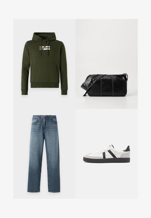 Olijfgroene hoodie gemaakt van zachte stof, met een voorste kangoeroezak, ribgebreide boorden en koorden met een wit logo op de borst.; Rechtaankomende blauwe spijkerbroek met een vervaagde was, voorzien van een vijfzakkenontwerp, metalen knoop en riemlussen. Gestructureerde, middelzware stof.; Witte sneaker met zwarte en grijze accenten, voorzien van een grijze neus met textuur, zwarte rubberen zool en platte witte veters. Schoon ontwerp, minimalistische stijl.; Zwarte leren schoudertas met een ritsluiting, voorzien van een gestructureerd lichaam, witte stiksels en een band met zilveren oogjes.
