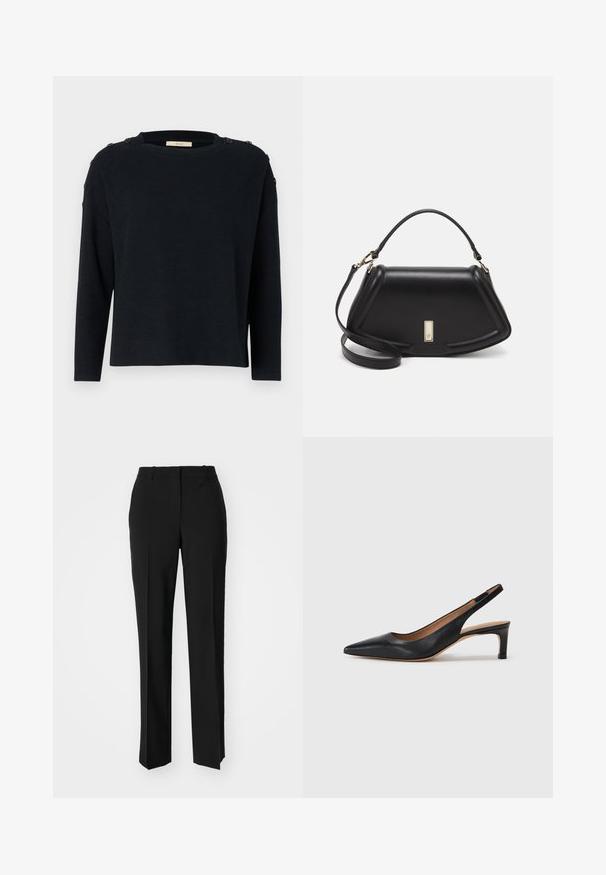 Dark navy sweater, knitted texture, rounded neckline, long sleeves, shoulder buttons. Simple design with a relaxed fit.; Black tailored trousers with a straight-leg design, featuring a smooth texture and crisp creases along the front. No visible hardware.; Black leather slingback pump with a pointed toe, low heel, and a smooth texture. Features a thin adjustable strap for a secure fit.; Black leather handbag with a structured design, featuring a cropped shape, top handle, and gold hardware accent. Adjustable shoulder strap included.