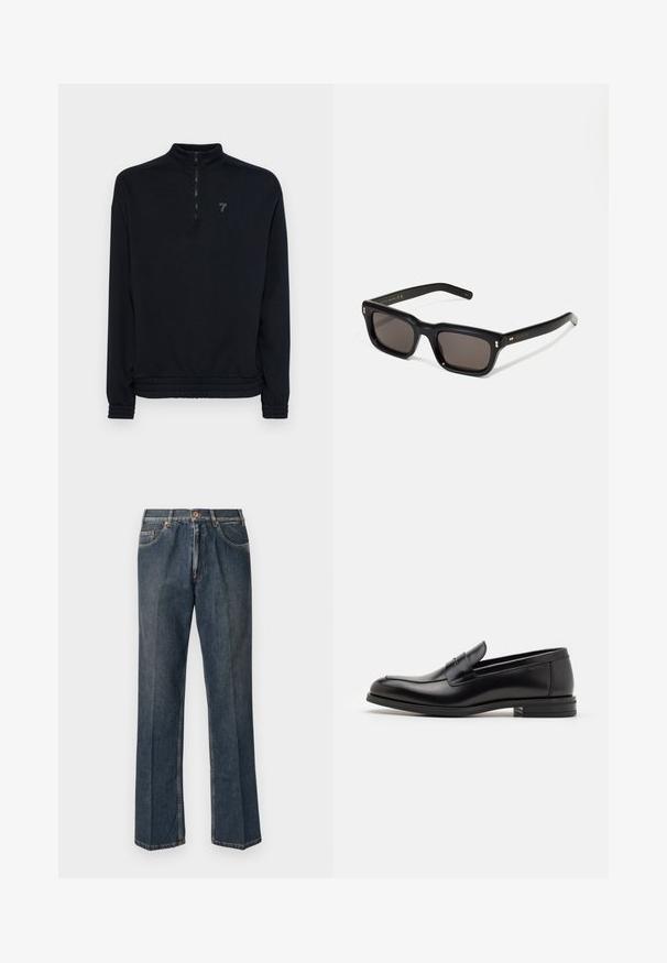 Sudadera negra con cremallera y alto cuello, puños y dobladillo elásticos. Presenta un logo sutil en el pecho. Material suave y texturizado.; Camiseta de manga corta azul marino con el texto blanco "neanche per sogno" centrado en el pecho, cuello redondo, tamaño mediano.; Vaqueros de mezclilla de pierna recta en azul oscuro con botón frontal, cremallera, dobles bolsillos frontales y pliegues verticales visibles a lo largo de las piernas.; Mocasines de cuero negro con una textura suave, puntera redondeada y una tira decorativa en el empeine. Tacón bajo apilado, diseño minimalista.; Gafas de sol rectangulares negras con lentes oscuros, marco de plástico grueso, acentos dorados en las patillas y logotipo de la marca grabado en el brazo.; Bolso cruzado de cuero negro con cierre de solapa, herrajes en tono plata y dos acentos redondos. Cuenta con una correa desmontable. Textura suave.