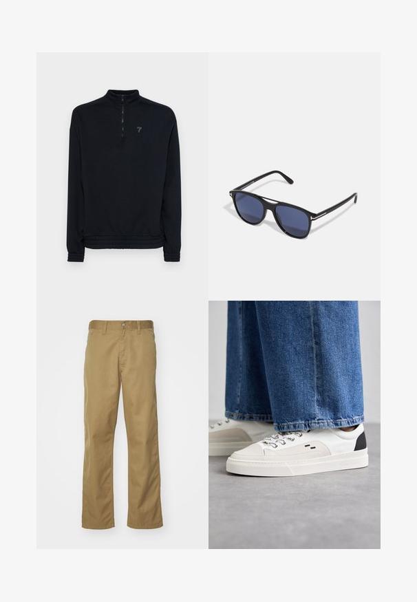 Felpa nera con zip e collo alto, polsini e orlo elasticizzati. Presenta un logo discreto sul petto. Materiale morbido e testurizzato.; Chino kaki con design a gamba dritta, realizzati in tessuto di cotone liscio. Presentano una chiusura frontale con bottone e tasche laterali.; Sneaker bianche e nere con parte superiore in pelle liscia, dettagli testurizzati e suola bianca spessa. Presentano un classico design con lacci.; Occhiali da sole con montatura in plastica nera, lenti azzurre, forma leggermente arrotondata e dettagli metallici argento sulle aste.; Borsa a tracolla in tessuto beige chiaro con finitura testurizzata, dotata di due manici in pelle marrone a contrasto e dettagli metallici nella parte superiore.