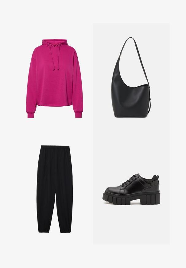 Fuksia hettegenser laget av mykt materiale. Har en avslappet passform, snøring i halsen og ribbestrikkede ermer. Glatt tekstur.; Svarte, lette bukser med elastisk liv og rynkede ankler. Stoffet er glatt og har en avslappet, innsvingt design.; Svarte lærplattformsko med kraftig blokkhell, rund tå og tradisjonell snøring. Har en jevn tekstur og minimal detaljering.; Svart lær hobo-veske med glatt tekstur, buet form og enkelt justerbart stropp; har en bred åpning på toppen.