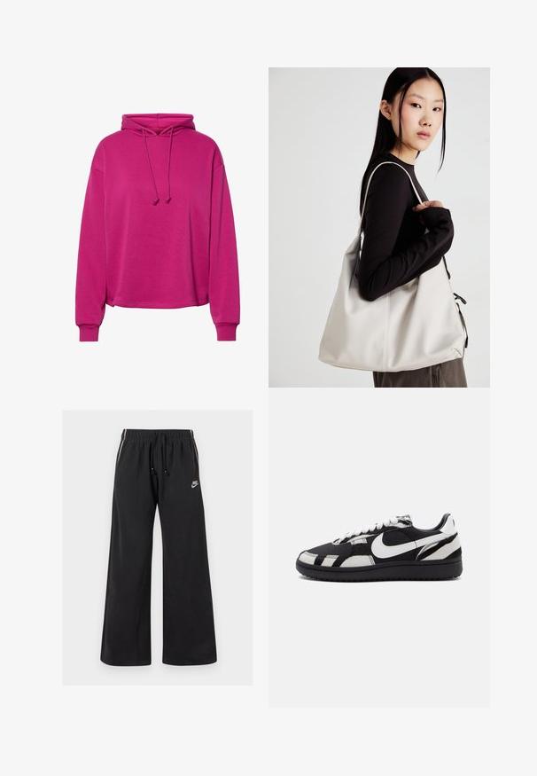 Púder rózsaszín kapucnis pulóver puha anyagból. Lazán illeszkedő fazon, nyaknál zsinórral, és bordázott mandzsettákkal rendelkezik. Sima tapintású.; Fekete, puha anyagból készült melegítőnadrág, elasztikus derékkal és húzózsinórral, oldalsó csíkokkal és egy kis logóval az elülső bal oldalon.; Fekete-fehér sportcipők texturált felsőrésszel, melyek feltűnő fehér Nike logóval és fekete talppal rendelkeznek, fűzős záródással és mintás díszítésekkel.; Puha anyagból készült bézs kézitáska, laza dizájnnal, varrott részletekkel és két vállpánttal. Mindennapi használatra alkalmas.