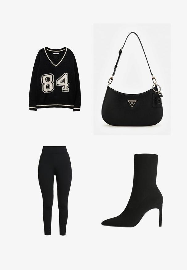 Mango Strickpullover - black; Schwarze Leggings aus dehnbarem Material, mit hohem Bund, figurbetontem Schnitt und glatter Textur ohne sichtbare Nähte oder Details.; Schwarzer Knöchelstiefel aus weichem Wildleder, mit einer spitzen Zehe und hohen Stiletto-Absätzen. Minimalistisches Design ohne sichtbare Beschläge oder Muster.; Schwarze synthetische Schultertasche mit geschwungenem Silhouette, strukturiertem Finish, goldenem Dreiecks-Logo und abnehmbaren Hardware-Akzenten.