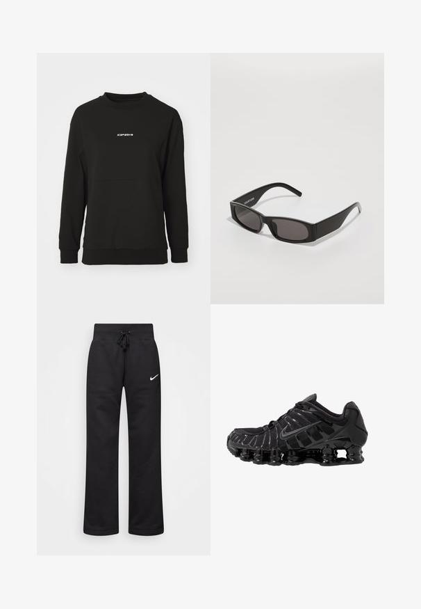 Mustat collegepaita, joka on valmistettu tekstuuri materiaalista. Ominaisuuksiin kuuluu pyöreä kaula-aukko, pitkät hihat ja keskellä oleva valkoinen logo, sekä kapea helma.; Mustat collegehousut, jotka on valmistettu puuvillasekoitteesta, joten niissä on kiristettävä vyötärö, suoralahkeisuus ja vasemmalla puolella valkoinen Nike-logo.; Mustat urheilukengät, joissa on verkkoyläosa ja kiiltävät yksityiskohdat. Varustettu kaarevalla jousituksella ja teksturoiduilla viivoilla sivuilla. Nike-logo näkyvissä.; Mustat suorakulmaiset aurinkolasit tummilla linsseillä, sileä muovikehys ja hienovarainen logo vasemmassa varressa. Minimalistinen muotoilu.