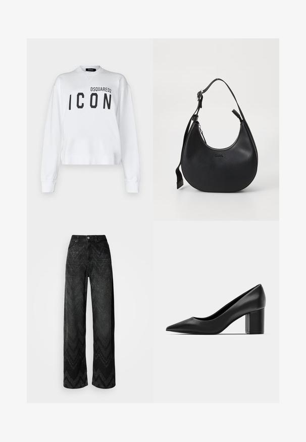 DSQUARED2 ICON COOL FIT CREWNECK - Sweatshirt - white; Wide-leg black jeans with a zigzag texture pattern. Made from denim, featuring a button closure and two front pockets.; Black leather pump with a pointed toe and a chunky square heel. Smooth texture, simple design, suitable for formal settings.; Black leather shoulder bag with a curved shape, zip closure, and adjustable strap. Features embossed brand logo on the front.