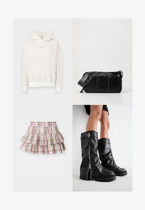 Felpa a righe in crema e beige, con cappuccio regolabile tramite cordino, polsini a costine e tasca frontale a marsupio. Scritta "Pecador" ricamata.; Gonna plissettata con vita elastica, caratterizzata da un motivo a quadri nei toni del rosa, verde e marrone. Materiale in cotone leggero.; Stivali alti neri in pelle con alti fianchi, dotati di cerniera laterale e accentuato con fibbia, finitura testurizzata e suola in gomma spessa.; Borsa a spalla in pelle nera con chiusura a zip, caratterizzata da un corpo testurizzato, cuciture bianche e una tracolla con occhielli in argento.