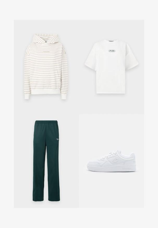 Črtasta kapuca v krem in bež barvi, ki ima nastavljivo kapuco, rebraste manšete in sprednji žep za kenguruje. Izvezena beseda "Pecador".; Bela kratka majica s kratkimi rokavi iz bombaža, ki v središču prsnega dela vsebuje grafični logo v zeleni barvi v ovalni obliki.; Temnozeleni trenirke iz mehkega materiala, z elastičnim pasom in stranskimi šivi, ter z majhnim logotipom na sprednji strani.; Bele copate iz gladkega sintetičnega materiala, z okroglo konico, ravnim podplatom in diskretnimi logotipnimi detajli ob straneh. Klasična nizka zasnova.